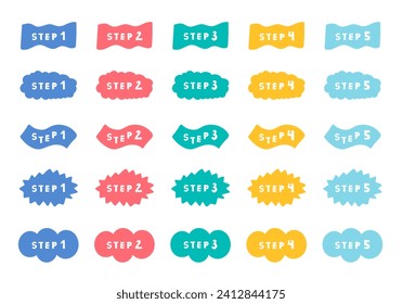 1 to 5 colorful doodle step heading set. Childish style icon collection with numbers