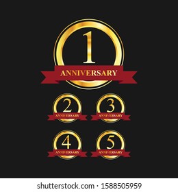 1 to 5 year anniversary gold label vector image. Golden anniversary label vector logo design set