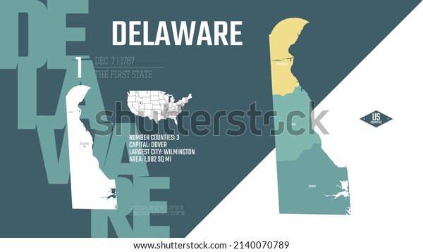 1\
of 50 states of the United States, divided into counties with\
territory nicknames, Detailed vector Delaware Map with name and\
date admitted to the Union, travel poster and\
postcard