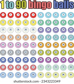 1 to 90 bingo balls with numbers in different colours all vector style and isolated on white.