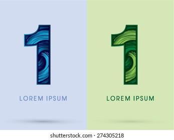 1 ,Abstract Number , font, concept Spin water, wind and natural, designed using blue and green grunge brush,sign 