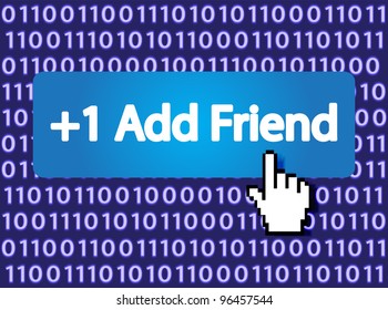 +1 Add Friend Button with Hand Cursor. Vector Illustration.