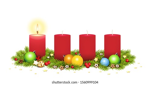 1 Advent, Advent arrangement,
Advent card with candles, fir branches, stars, ilex berries, gingerbread, bell and Christmas balls,
Vector illustration isolated on white background
