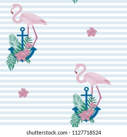 1. Anchor and flamingos. Sea pattern with flamingos, anchor and flowers.