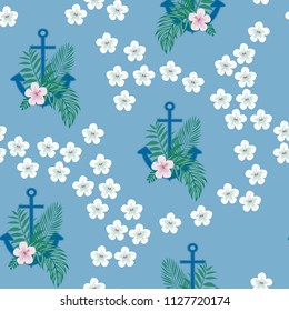 1. Anchor with flowers pattern. Beautiful flowers at anchor. Marine background with an anchor.