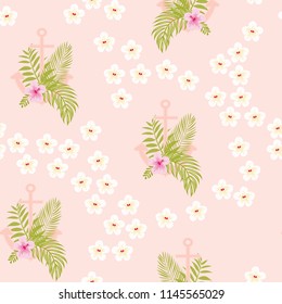1. Anchor with flowers pattern. Beautiful flowers at anchor. Marine background with an anchor.