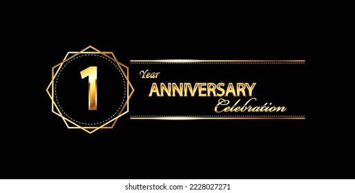 1 anniversary celebration. 1st anniversary celebration banner. 1 year anniversary celebration with hexagonal and black background.	