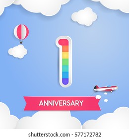 1 Anniversary Celebration Logo with Rainbow Colored and using Paper Art Design Style