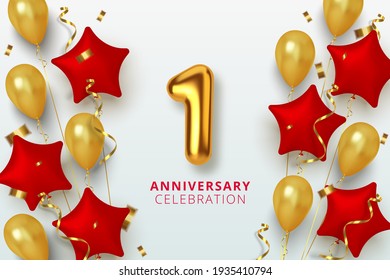 1 Anniversary celebration Number in the form star of golden and red balloons. Realistic 3d gold numbers and sparkling confetti, serpentine. Vector illustration.