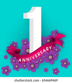 1 Anniversary emblems with flowers and ribbon, template design.