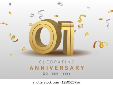 1 Anniversary gold numbers with golden confetti. Celebration 1st anniversary event party template.