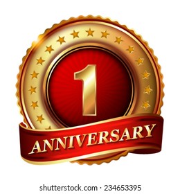 1 Anniversary golden label with ribbon. Vector illustration.