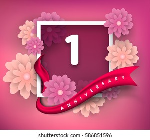 1 anniversary invitation card. Vector invitation card or 
Anniversary emblems template design. Design with abstract 
background and elegant frame with ribbon decorated and 3d flowers.
