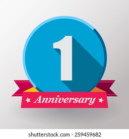 1 Anniversary   label with ribbon. Flat design.