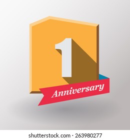 1 Anniversary   label with ribbon. Flat design.