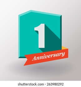 1 Anniversary   label with ribbon. Flat design.