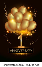 1 Anniversary Logo Celebration with Golden balloon and confetti, Isolated on dark Background