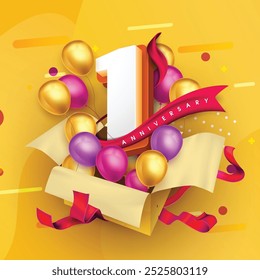 1 anniversary logo template on a gift box with a yellow background and balloons. 1st anniversary celebration featuring a red ribbon and balloons. Gift box concept for an anniversary invitation card.