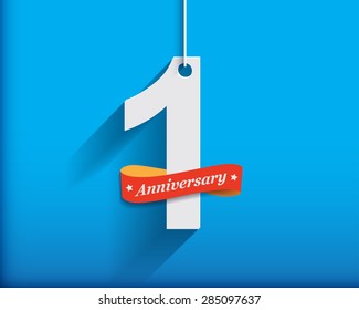 1 Anniversary numbers with ribbon. Flat origami stylen with long shadow. Vector illustration