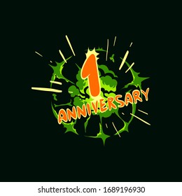 1° aniversario. Estilo de auge de cómics de diseño de plantillas. Ilustración vectorial de arte pop. 