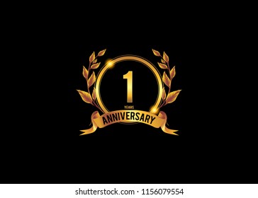  1 anniversary template design for web, Anniversary logo with ring golden colored isolated and wreath on black background