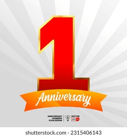 1 Anniversary vector font numbers with ribbon and starburst background. Suitable for icon, logo, symbol, sign, greeting, card, poster, or banner design