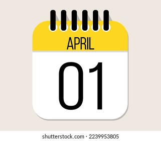 1 April day calendar vector. April month calendar page icon in yellow.