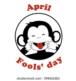 1 April Fool day. Vector funny cartoon All fools day icon. April fool prank. Ape put out tongue. Black and white.