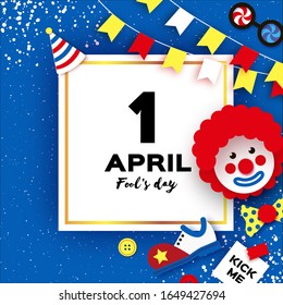 1 April Fools day. Funny Clown, red wig. Kick me prank paper sticker. Clown shoes and bow in paper cut style on blue. Square frame for text.