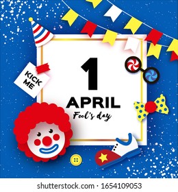 1 April Fools day. Funny Clown, red wig. Kick me prank paper sticker. Clown shoes and bow in paper cut style on blue. Square frame for text.