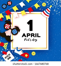 1 April Fools day. Funny Crazy Mask Glasses. Kick me prank paper sticker. Clown shoes and bow in paper cut style on blue.