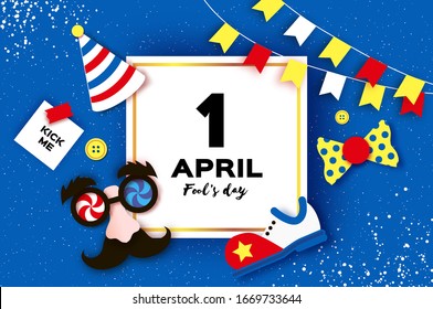 1 April Fools day. Funny Crazy Mask Glasses. Kick me prank paper sticker. Clown shoes and bow in paper cut style on blue. Square frame for text.