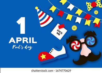 1 April Fools day. Funny Crazy Mask Glasses. Kick me prank paper sticker. Clown shoes and bow in paper cut style on blue. Space for text.