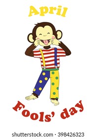 1 April Fools day. Funny cartoon All fools day card, poster. April fool prank. Monkey clown.