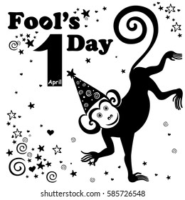 1 april. Fools Day. Holiday Greeting Card. Celebration  background with number one, monkey and place for your text. Vector illustration