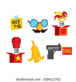 1 april fools day icon set. Pixel art. Old school computer graphic style. 8 bit video game. game element.