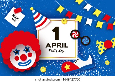 1 April Fools day. Kick me prank paper sticker.. Funny Clown, red wig. Clown shoes and bow in paper cut style on blue. Square frame for text.