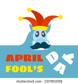1 April Fools Day vector illustration with funny mustache horse in jester fool hat.  Greeting card, promotion poster design.