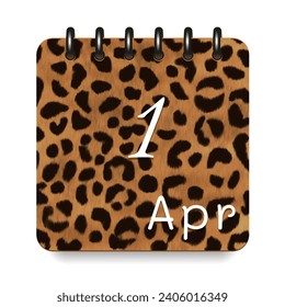 1 April. Leopard print calendar daily icon. White letters. Date day week Sunday, Monday, Tuesday, Wednesday, Thursday, Friday, Saturday.