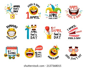 1 april symbols. Fools day emblems and logos with place for text recent vector template set