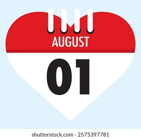 1 August calendar icon red heart shape on light sky blue color background, calendar vector symbol for the month of August.