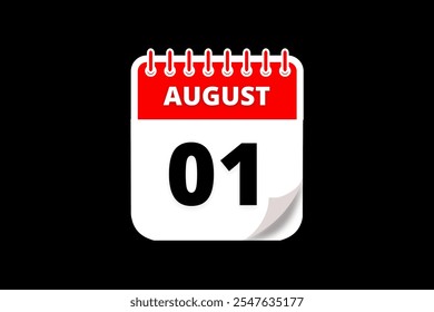 1 August calendar icon text page monthly web design on red, white and black background vector, icon, or illustration with the month of August 1