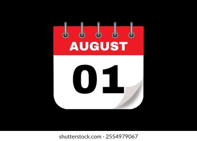 1 August calendar icon text page monthly web design on red, white and black background vector, icon, or illustration with the month of August 1