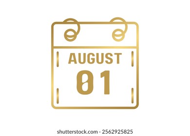 1 August calendar icon text page monthly web design on golden and white background vector, icon, or illustration with the month of August 1