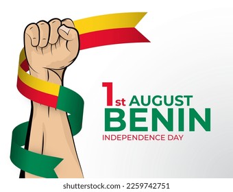 1 August. Vector illustration of Happy Independence Day greeting card for the country of Benin with clenched fists and a flag ribbon. Use for banners on a white background.