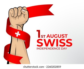 1 August. Vector illustration of Happy Independence Day greeting card for the country of Switzerland with clenched fists and a flag ribbon. Use for banners on a white background.