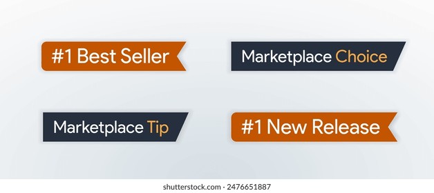 #1 Best Seller badge. N1 New Release label. Online marketplace choice and Tip. Top performer logo. Internet retail sticker. Private label attributes. Listing product details. Vector illustration.