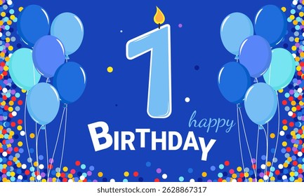 1, birthday, balloons, candle, 1 year, confetti, postcard, happy, greetings, children, boy, male, blue, light blue, fireworks, celebration, party, holiday, balloon, banner, child, decoration, vector, 
