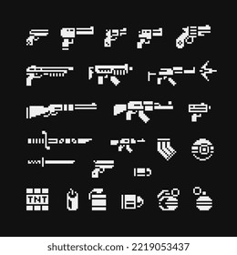 1 bit medieval weapon icons set, revolver gun, bomb, helmet,  sword. Design for logo game, sticker, web, mobile app. Isolated vector illustration.