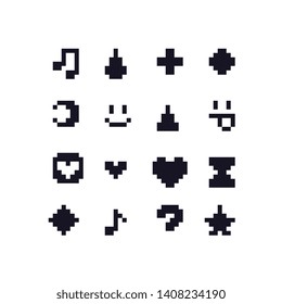 1 bit minimalist pixel art icons set. Design for arcade, logo, stickers, web, mobile app. Video game sprite. Isolated abstract vector illustration.